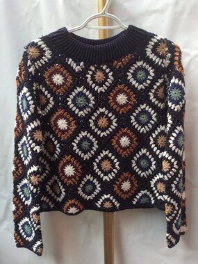 Zara Granny Square Crochet Sweater Multicolor Navy Blue Floral Size S